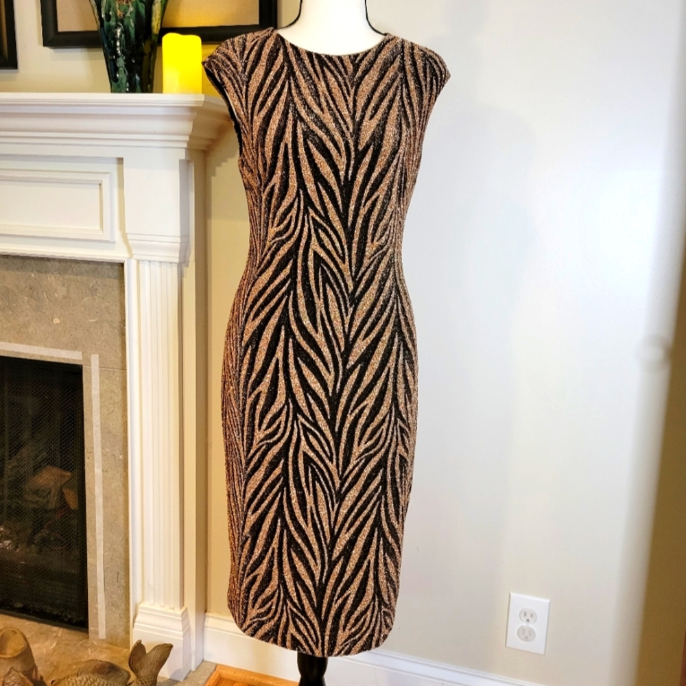 Vince Camuto Body Con, Gold Lamé Animal Print Cocktail Dress